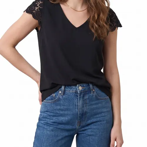 Shewin Women's Minimalist Lacy Crochet Cap-Sleeve V-Neck Fitted Basic T-Shirt, Stretch Viscose Blend Slim-Fit Pullover Blouse for Daily Wear, Shortsleeve, T Shirts Women