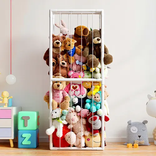 Plushie Paradise Extra-Large Plush Toy Storage Rack - 2-Layer Rectangle, Thickened PVC Tubing, Elastic Bands, Adjustable Non-Woven Shelf, Insert Mount, Durable Reinforced, Room Storage Boxes for Playrooms, Nurseries,dorm essentials,home decor