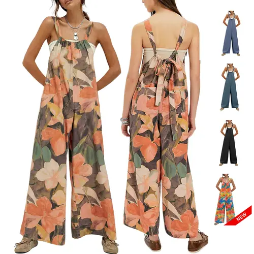 Ommig Women's Summer Bohemian Cotton Open-Back Wide-Leg Jumpsuit Overalls - Tie Straps Let You Style It Your Way, Drawstring, Double Pockets, Printed/Solid Colors, Airflow, Fashion Apparel, Boho Style Jumpsuits & Rompers, Holiday Wear