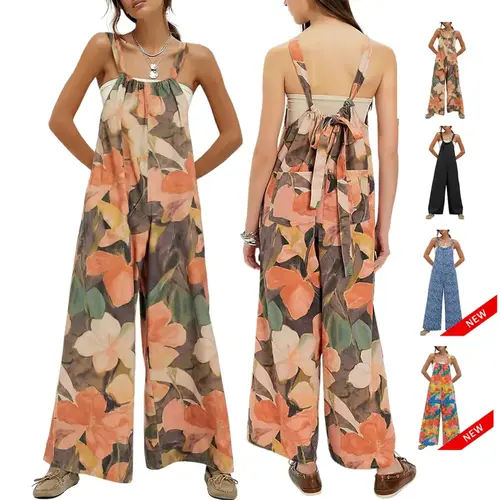 Yeokou Women's Cotton-Linen Wide Leg Overalls - Adjustable Strap, Floral Print, Bohemian Jumpsuit with Pockets, Clothes for Women, Boho Clothes, Basics, Cute Fashion Summer Wear