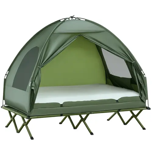 Outsunny 2-Person Tent Cot, 4-in-1 Elevated Camping Bed Combo with Air Mattress, Bed Cover, Foot Pump, Folding Off Ground Double Tent for Camping, Hiking, Backpacking,father'sdaygifts,campingessentials,campinggear
