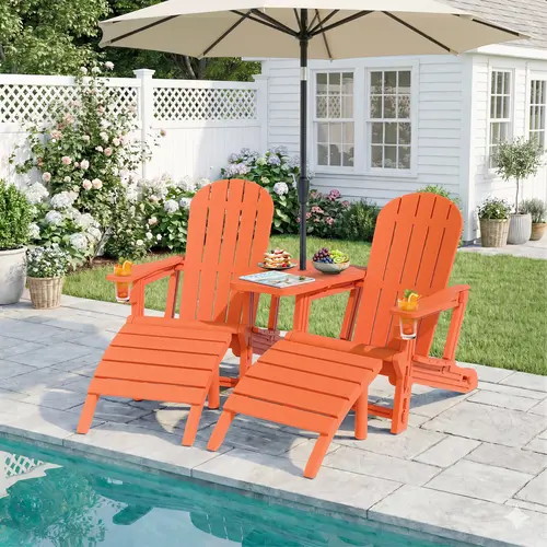 Walsunny Adjustable Adirondack Chair Set of 2 with Retractable Ottoman and Removable Tabletop  Fire Pit Patio Chair with Pull-Out Foot Rest Weather-Resistant Lawn Outdoor Chair with 2 Cup Holders 5 pieces
