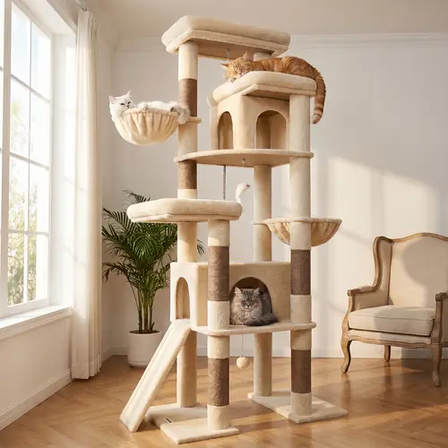 DESKAT 78-Inch Heavy-Duty Cat Tree Tower - Sturdy Multi-Level Furniture for Large Cats with Condos, Scratching Posts, Vertical Scratcher, Sisal Posts Supporting Claws, Hanging Basket Fun, Clean Modern Room Blend