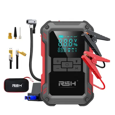 15000mAh Ultra-Safe Jump Starter – Starts all 12V battery vehicles. Features 150 PSI air compressor, 18W fast charging, tire pressure check, and LED light. Includes jumper cables, air hose, storage bag, and 4-in-1 charging cable
