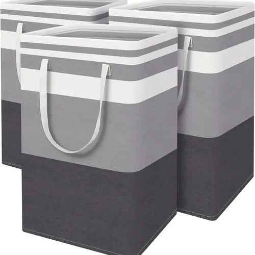 3 Pack Large Laundry Basket Hamper, Waterproof Freestanding Clothes Organizer with Reinforced Extended Handles, Collapsible Tall Dirty Clothes Hamper for Bedroom, Bathroom, Dorm, Towels & Toys (Grey)