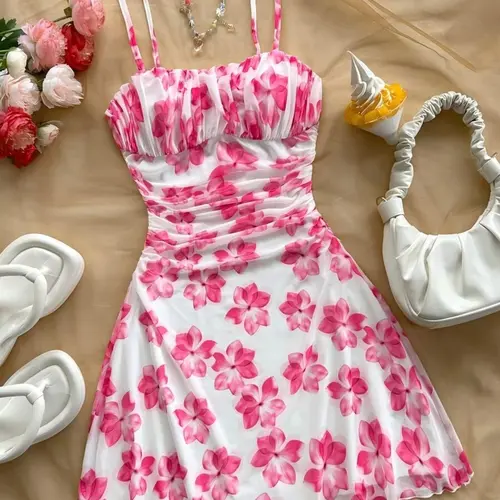 Women's Summer Floral Print Spaghetti Strap Sleeveless Mesh Dress, Casual Sleeveless Dress, Elegant Fitted All-Over Print, Vacation Beach Dress