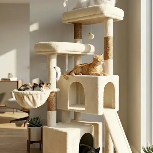 55” Plush Multi-Level Cat Tower | Large Top Perch, Hanging Basket & Easy Assembly