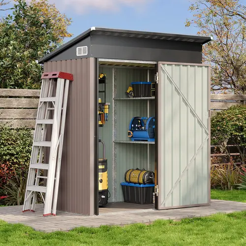 Aoxun 5‘x3'Outdoor Metal Storage Shed with 14mm PP Floor & 2 Adjustable Shelves, Lockable Double Door Weatherproof Galvanized Steel Garden Tool Shed for Backyard Lawn Poolside Brown