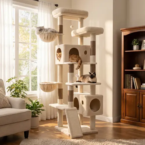 DESKAT S77C, 77-Inch Freestanding Heavy Duty Multi-Level Cat Tree with Scratching Posts, Vertical Scratcher, Climbing Play Design, 2 Condo Hideouts, Hammock, Dual Sleeping Zones & Enhanced Stability for Large Cats to Encourage Healthy Grooming Habits, 77