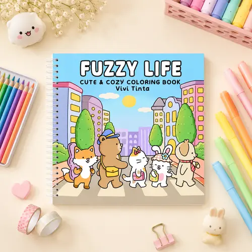 VIVI TINTA Adult Unisex Coloring Book - Office Stationery Art Supplies with Artistic Touch, Cute Cozy Fuzzy Life Designs, Adorable Animal Friends in Everyday Moments, Blank Space for Relaxation, Thoughtful Family Gift