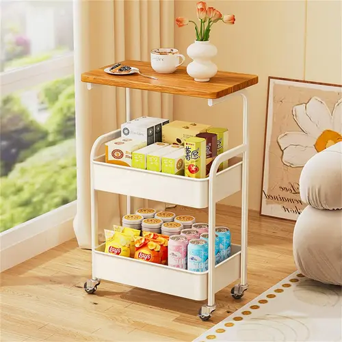 3-Tier Minimalist Farmhouse Rolling Utility Table Set - Metal Storage Cart with Wooden Top, Lockable Wheels, Mesh Baskets, Stable Space-Saving Organiser, Racks for Kitchen Rack, Printer Stand, Makeup Organizer, Apartment Kitchen