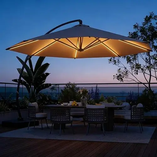 Aoxun 11FT Offset Cantilever Patio Umbrella with Base - LED Lights, 360° Rotation, Windproof Support, Stable Heavy-Duty Aluminum, Offset Shade Reach for Poolside, Garden Outdoor Furniture, Sturdy, All-In-One Umbrella With Night Glow
