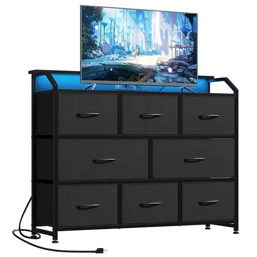8 Fabric Drawers Dresser with Power Outlets LED Light, Multifunctional TV Stand Storage Cabinet for Bedroom, Living Room, Office, Hallway,dorm essentials,home decor