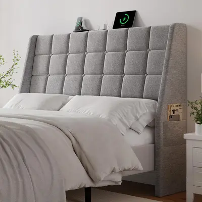 【DealsforYouDays】ONBRILL Ergonomic Upholstered Full/Queen Size Headboard w/Charging Station, Linen Wingback Headboards w/Storage Pocket, Full Headboard Only, Bed Frame Adapters, Sturdy Solid Wood Bed Head Board