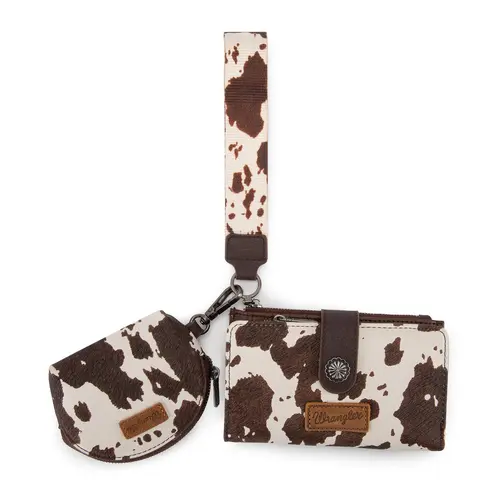 Wrangler Western Cowprint Keychain with Matching Wristlet and Card Holder for Women Key Ring Accessory