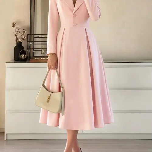 Elegant Fashion Chic New Women's Solid Color Deep V Neck Long Sleeve Button A-Line Party Dress, Formal Young Prom Gown Formal Wear Elegance