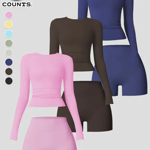 Women's 2-Piece Sportswear Set, Long Sleeve Round Neck Sports T-Shirt & High Waist Tight-Fitting Shorts Yoga