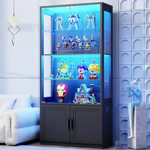 BROTTAR 67" Modern Floor Standing Lighted Curio Cabinet with Glass Doors, Sturdy 4-Tier Display Case with 2 Removable Glass Shelves, LED Lighting Storage Cupboard for Collectibles (Black/White), Floor Standing Cabinet, Modern Cabinet