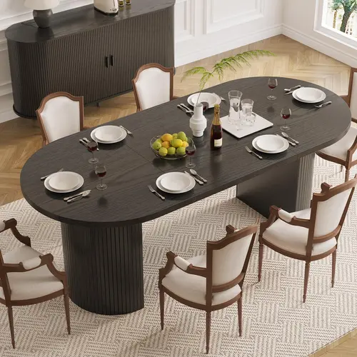 【SummerFinds】ONBRILL 70.8 Inch Dining Table for 4-6, Oval Dining Room Table with Curved Fluted Wood Strip Base, Mid-Century Modern Kitchen Tables with Footpads, Dinner Tables for Living Room, Dining Room