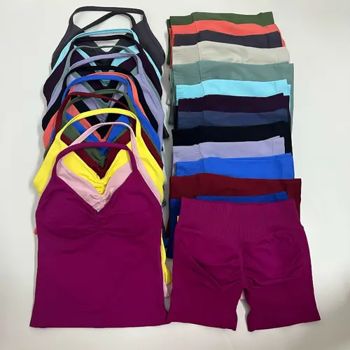 Impact 2 Pieces Women Yoga Set Seamless Longline Strappy Tank Top Scrunch Sports Shorts Gym Clothes Woman Summer Workout Outfit Sporty High Stretch sportswear workout clothes athleisure wear workout short breathable comfortable two-piece outfit