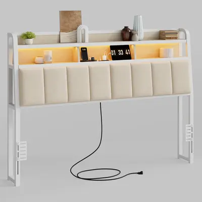 【DealsforYouDays】ONBRILL Ergonomic Modern Upholstered Headboard (Queen/King Size, Headboard Only) - 2-Tier Storage, LED Lights, Charging Station with USB Ports, Height Adjustable, Sturdy & Stable, Headboard Charging Station