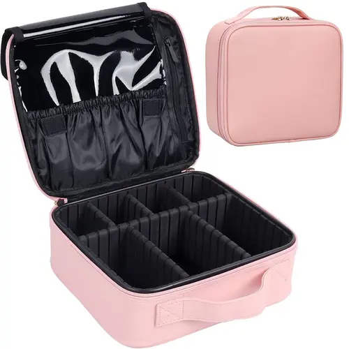 Portable Waterproof PU Leather Cosmetic Travel Bag, Compact Organizer with Zip & Adjustable Dividers, Makeup Brushes Storage Vanity Purse, Home Organizer Storage Bag, Gf Gift, Cosmetic Travel Bags