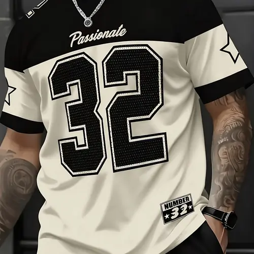 Men's Trendy 32 Number Jersey Short Sleeve T-Shirt, Short Sleeved, Gym Workout Tee, Street Style Loose Casual Top, Unique Digital Print Design, Daily Wear & Sports Leisure, Casual Sportswear, Gym T Shirts