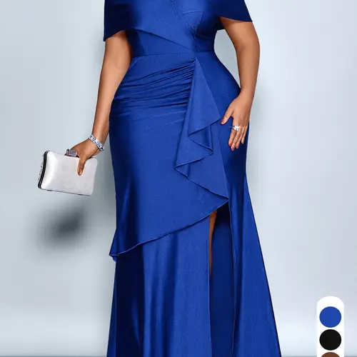 Plus Size Summer Elegant Sexy Chic Plain Women's Dress, FashionableDeep V Neck Short Sleeve High Waist Ruffle Split Bodycon Fit Dress, Womenswear