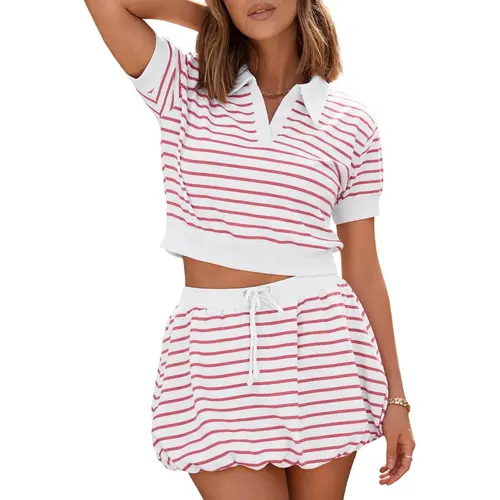 Fisoew Women's Collared Short-Sleeve Casual 2-Pcs Striped Bright Patterned Matching Outfits - Bubble Mini Skort Set, Multi-Size for Summer Vacation Beach Bathing Suit Cover-Up