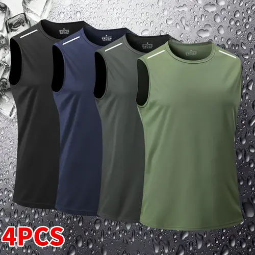 Men's 4-Pack Dry-Fit Athletic Tank Tops - Polyester Sleeveless Crewneck Synthetics Tanks, Universal Dry-Fit Men's Sports Vest for Gym & Running, M