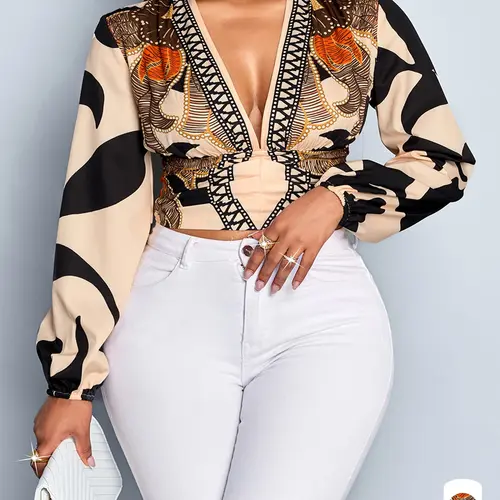Plus Size Women's Casual All-Season Long Sleeve Short Shirt Blouse, Deep V Neck Fitted Top, Full Print Design, Casual Boho Soft, Perfect for Daily Wear & Commuting, Bohemian Casual Top, Bohemian Attire