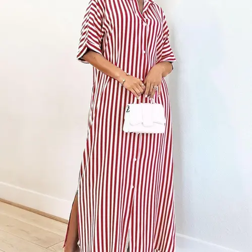 Women's Striped Print Button Front Design Shirt Dress, Casual Loose Pocket Detailing Half Sleeve Dress for Daily Wear, Casual Commuter Dress, Ladies Clothes for All Seasons, Striped Clothing, Button Down Dresses, Womenswear