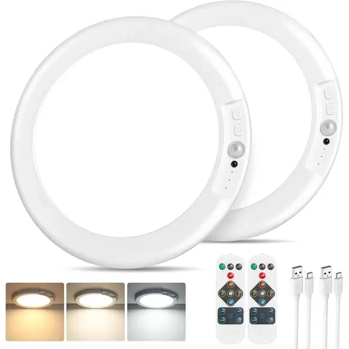 Rechargeable Plastic Motion Sensor LED Ceiling Light - Adhesive Remote-Controlled Wireless Fixture with 10%-100% Dimming, 3 Color Temperatures, Renter-Friendly No Tools/Wiring Needed, 10h Nonstop Light, Batteries Included for Dorm, Shed, Bedroom,home deco