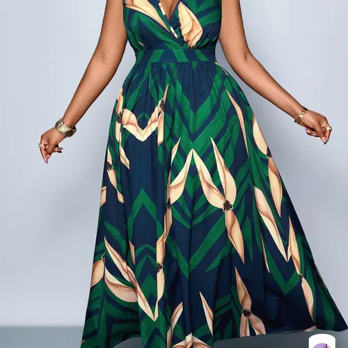Summer Elegant Chic Casual Plant Print Women's Dress, Boho Printed Dress, Beach Summer Dress, Plus Size Vneck Deep V Neck High Waist Long Maxi Dress, Lady, Fashionable for Travel and Leisure, Womenswear