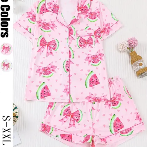 Women's 2-Piece Waffle Printed Sleepwear Set, Pajama Set, Short Sleeve Button-Up Top & Elastic Shorts, Casual All-Season Home Wear, Homewear, Loungewear Set, Homewear Pjs