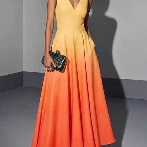 Spring Autumn New Casual Fashion French Vintage Holiday Style Sleeveless High Waist Gradient Color V Neck Thin Dress Womenswear Summer Casual Elegant Dresses