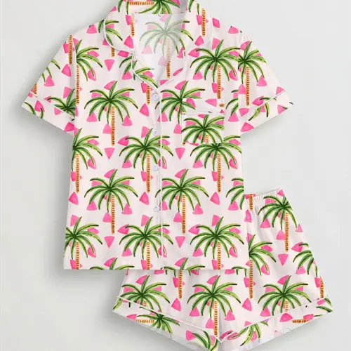 Women's Tropical Coconut Tree Printed Sleepwear Set, Loungewear, Pajama, Pjs, Sleepwear Pajamas, Short Sleeve Button-Up Top & Elastic Shorts, Casual Home Wear, Everyday, All Seasons, Womenswear