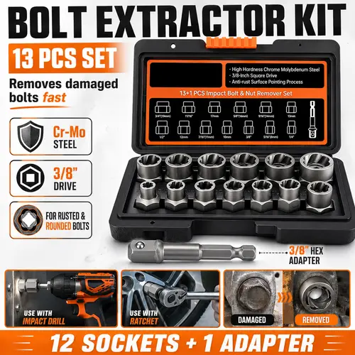 13 Pcs Bolt Extractor Kit, Impact Bolt & Nut Remover Set, Stripped Bolt Remover Easy Out Socket Set for Rusted, Frozen, Rounded and Damaged Bolts, 3/8" Drive with 1/4" Hex Adapter
