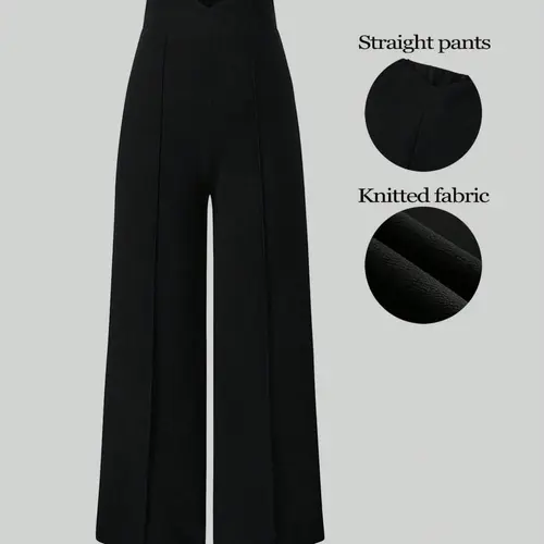 Women's Stretchy Crossover Basic Casual Elastic Waisted High Waist Wide Leg Pants Tummy Control Elastic Waist Pintuck Straight Office Workwear Business Casual Chic Solid Black Flattering Fit All Season, Everyday