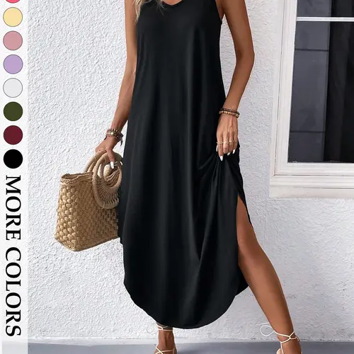 Women's Casual High Stretch Knitted Maxi Dress Tummy Control Beach Vacation Halter V-Neck Side Slit Flowy Loose Fit Solid Color Sleeveless Summer Sundress Swimwear Cover Up Lounge Daily Slip Dresses Boho Soft Elegance Plus Size Friendly All Season Viral