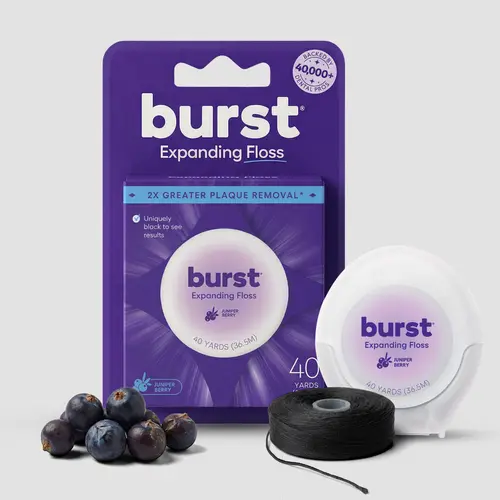 Juniper Berry Expanding Dental Floss - BURST Black Expanding, Stain-Absorbing, Woven Floss, Vegan, Paraben Free, Removes Plaque
