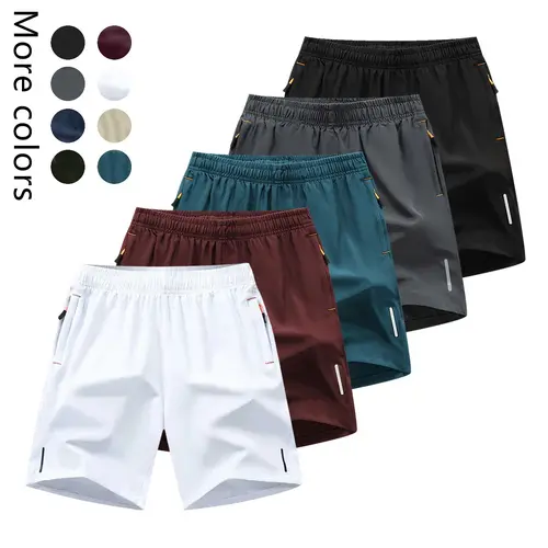 5-Packs Men's Solid Color Zipper Pocket Quick-Dry Shorts - Summer Casual Comfortable Breathable Three-Quarter Pants, Men's Everyday Bottoms, Tropical Beige，For Basketball、Baseball、Soccer.