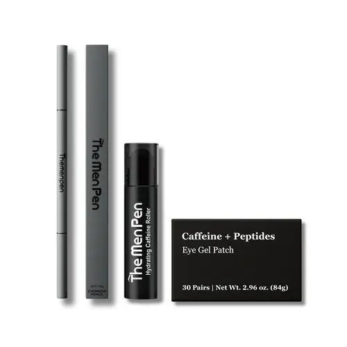 Men's Eye Care Kit - The Men Pen, Caffeine Roller, Peptide Eye Patches - Waterproof, Lightweight, Hyaluronic Gel, Daily Puffiness, Dark Circle Treatment, Stainless, Water Proof