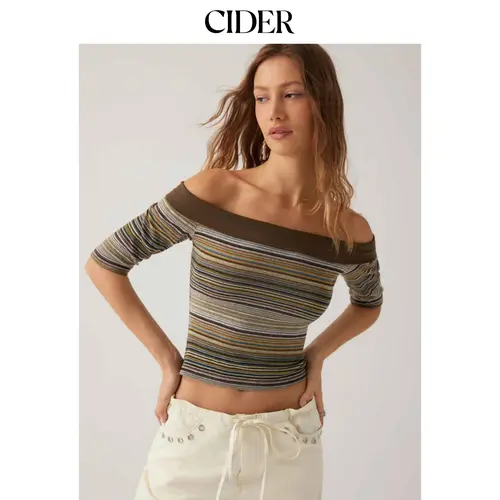 Cider Striped Off-shoulder Mid-length Sleeve Top