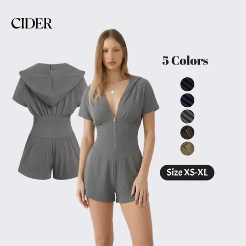 Cider Textured V-neck Ruched Front Romper with Zipper and Hood - Casual Sporty style Jumpsuit Womenswear SummerWins SummerFinds