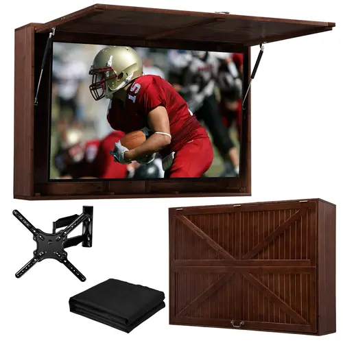 AHB Modern Adjustable Solid Wood Outdoor TV Hard Case, Weatherproof Enclosure with Flip-Up Design & Wall Mounting Bracket, 600D Oxford Internal Cover (Fits 32-55 Inches)