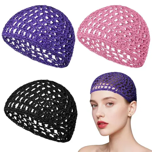 Humwam 3-Pack Reusable Crochet Mesh Shower Caps - Palm-Designed, Soft, Anti-Slipping, Breathable Bathroom Tub Accessory, Hair Protection Net for Shampoo Coverage, Fresh Hair Gift for Mothers, Girlfriend