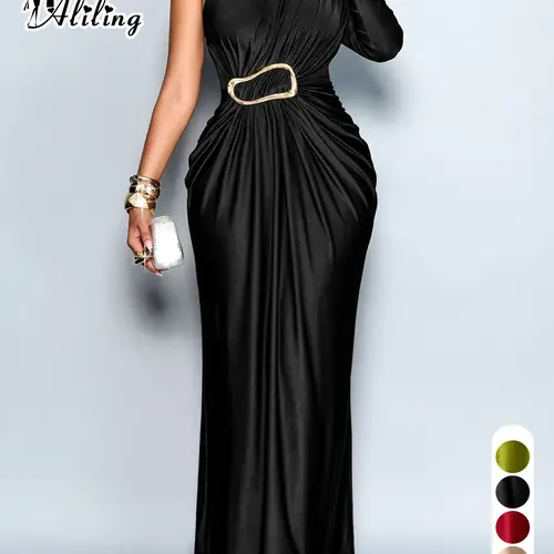 Aliling Women’s Elegant One Shoulder Long Sleeve Ruched Bodycon Maxi Dress,Solid Color Metal Buckle Waist Evening Party Formal Gown Formal Wear