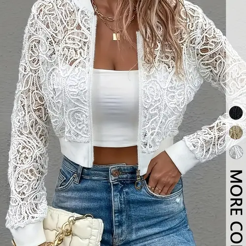1 Spring Summer Sheer Knit Lace Cropped Bomber Jacket Coats Women | Full Zip Stand Collar Crochet Lace | Coquette Romantic Elegant Everyday Casual Style for Date Night Vacation Party