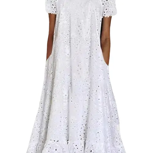 Ebossy Women Summer Ruffle Hem Floral Lace Eyelet Dress Casual Notch Neck Midi Tunic Dress with Pocket
